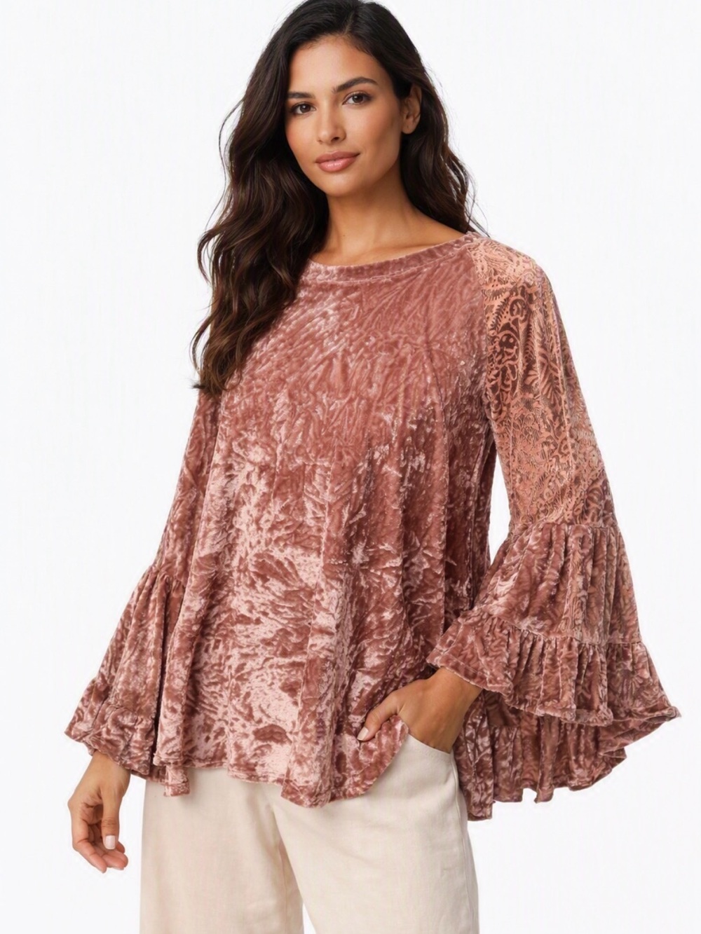 Mystree Dusty Rose Velvet Tunic Boho Cottagecore Bell Sleeve Top M